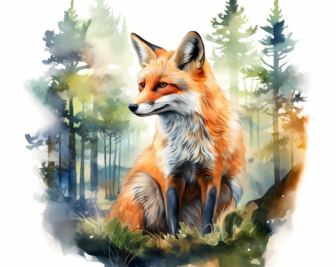 Fox Clipart, Fox and Forest Double Exposure Images, 10 Watercolor Clip Art, Printable JPGs, Instant Download, Commercial Use, Paper craft