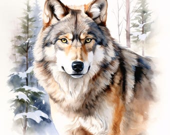 Winter Wolf Clipart, Snow Forest Animal Images, 10 Watercolor Clip Art, Printable JPGs, Instant Download, Commercial Use, Paper craft