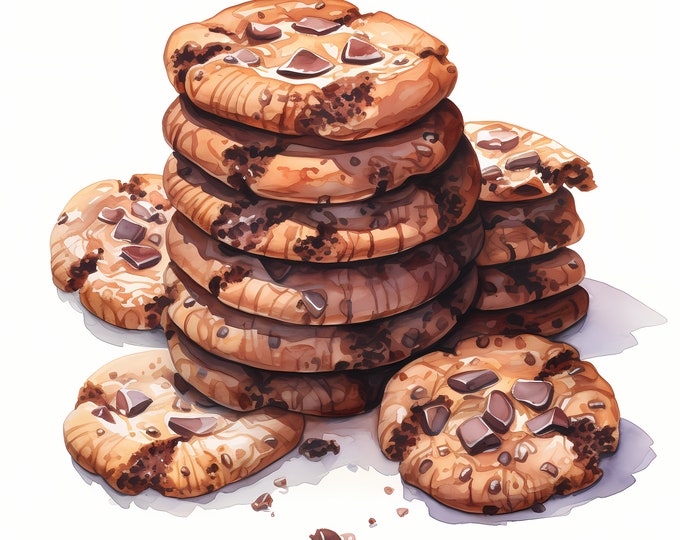 Cookies Clipart, Chocolate Chip Cookies Images, 10 Watercolor Clip Art, Printable JPGs, Instant Download, Commercial Use, Paper craft