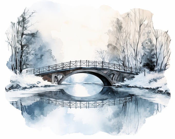 Bridge in Winter Clipart, Winter Bridge Images, 16 Watercolor Clip Art, Printable JPGs, Instant Download, Commercial Use, Paper craft