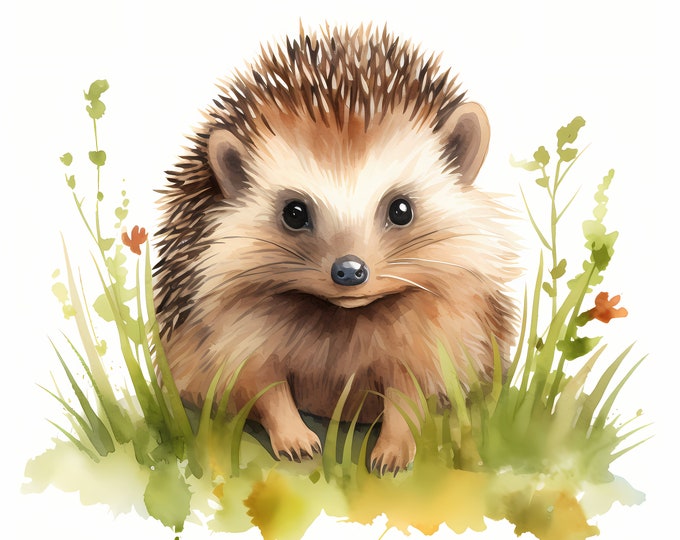 Hedgehog Clipart, Hedgehog in Grass Images, 10 Watercolor Clip Art, Printable JPGs, Instant Download, Commercial Use, Paper craft