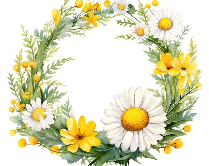Camomile Daisy Frame Clipart, Daisy Round Frame Images, 10 Watercolor Clip Art, Printable JPGs, Instant Download, Commercial Use