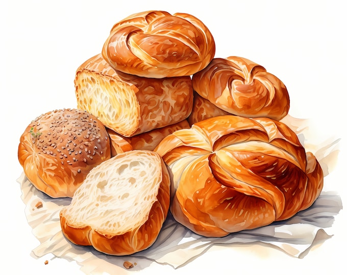 Fresh Breads Clipart, Baked Bread Images, 10 Watercolor Clip Art, Printable JPGs, Instant Download, Commercial Use, Paper craft