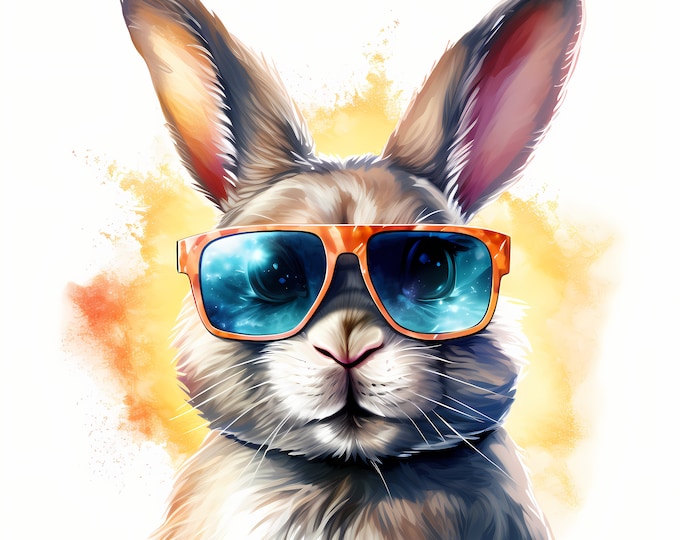 Cool Bunny Clipart, Bunny in Sunglasses Images, 10 Watercolor Clip Art, Printable JPGs, Instant Download, Commercial Use, Paper craft