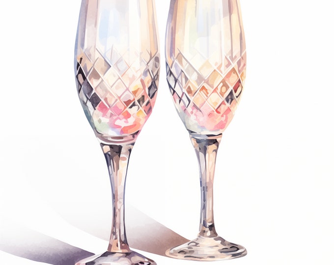 Wedding Glasses Clipart, Champagne Glasses Images, 10 Watercolor Clip Art, Printable JPGs, Instant Download, Commercial Use, Paper craft