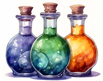 Watercolor Magic Potions Clipart: Halloween Bottles (JPGs, Commercial Use)