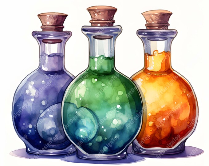Magic Potions Clipart, Halloween Bottles Images, 10 Watercolor Clip Art, Printable JPGs, Instant Download, Commercial Use, Paper craft