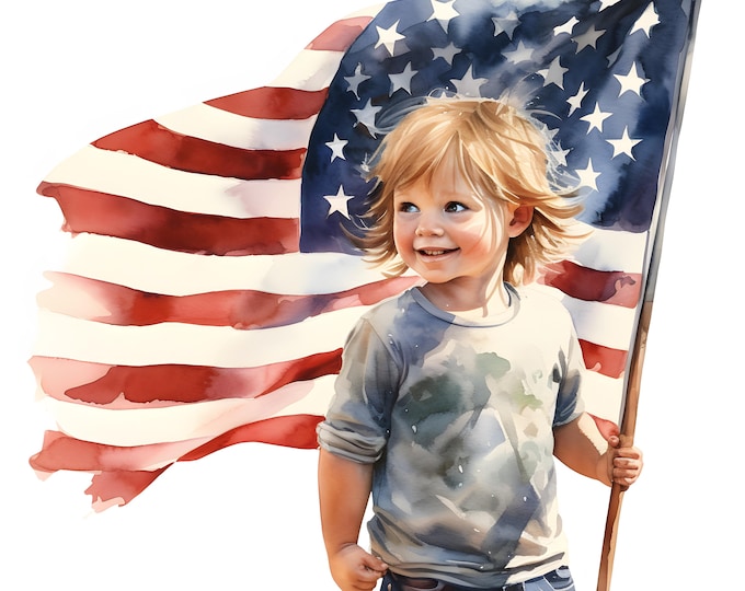 Patriotic Child Clipart, Kid with USA Flag Images, 10 Watercolor Clip Art, Printable JPGs, Instant Download, Commercial Use, Paper craft