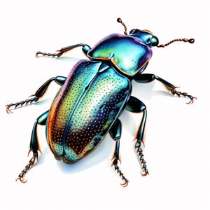 Puede incluir: Ilustración detallada de un escarabajo con un caparazón iridiscente. El cuerpo del escarabajo muestra un degradado de azules, verdes y naranjas, salpicado de puntos. Tiene patas y antenas negras, sobre un fondo blanco.