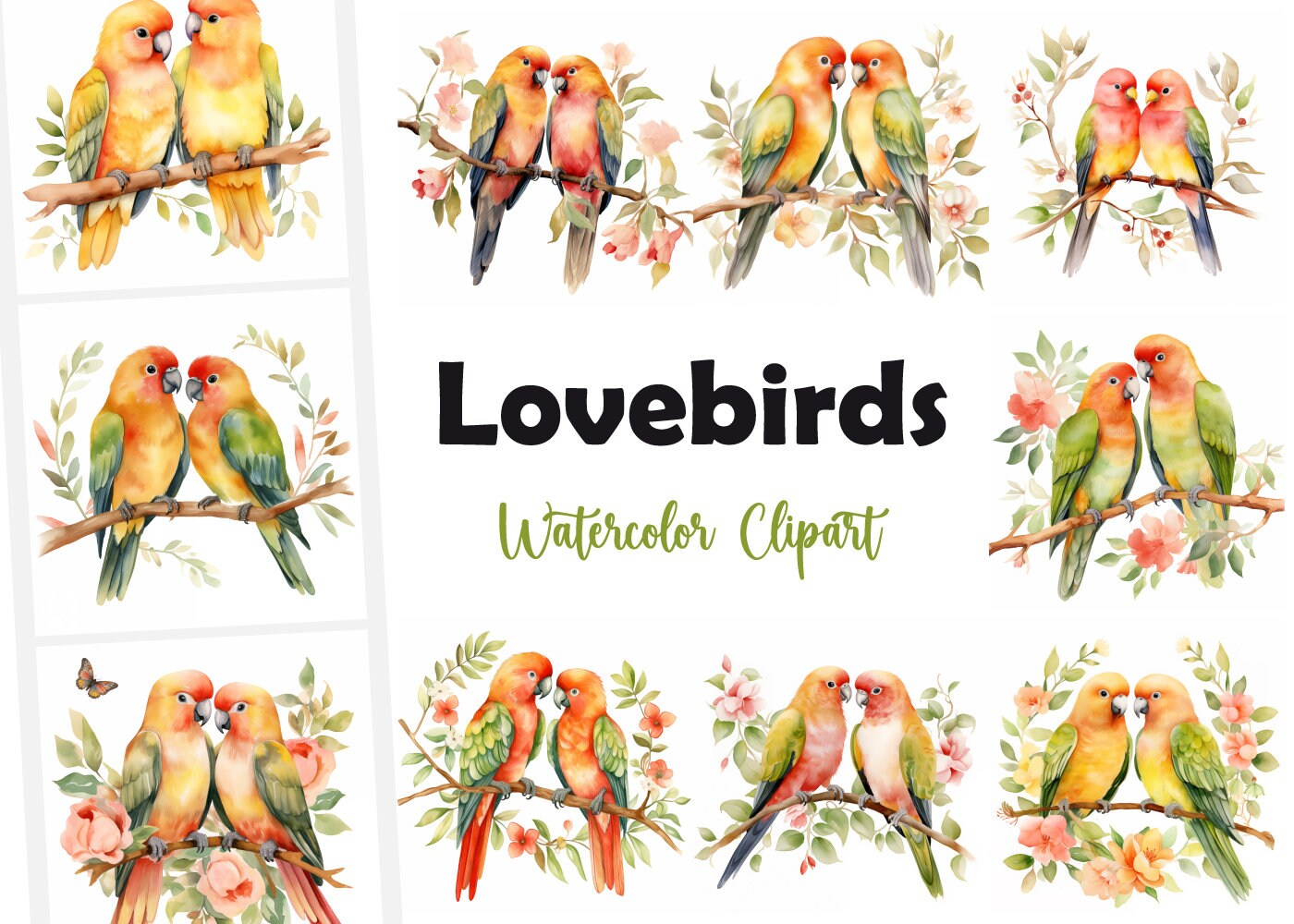 Lovebirds Clipart, Romantic Birds, Bird Couple Images, 10 Watercolor Clip Art, Printable Jpgs ...