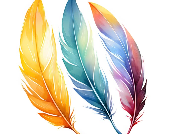 Feathers Clipart, Colorful Feathers Images, 10 Watercolor Clip Art, Printable JPGs, Instant Download, Commercial Use, Paper craft