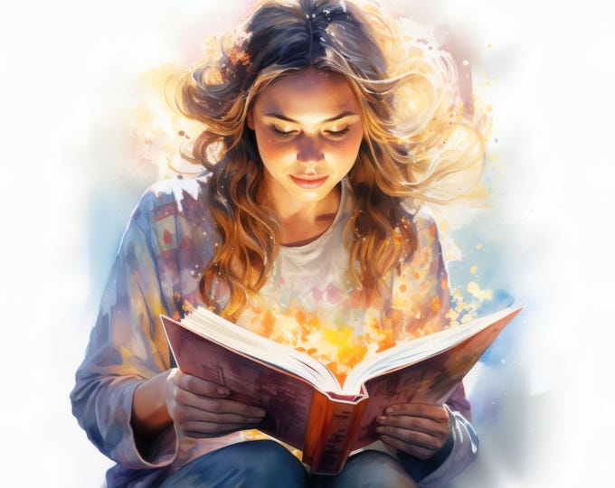 Magic Book Girl Clipart, Fantasy Reading Images, 10 Watercolor Clip Art, Printable JPGs, Instant Download, Commercial Use, Paper Craft