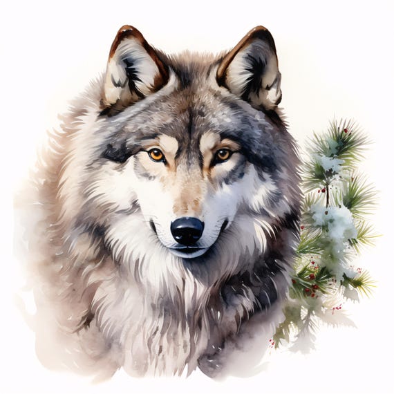 水彩画のオオカミのクリップアート：冬の野生動物のJPG画像（商用利用