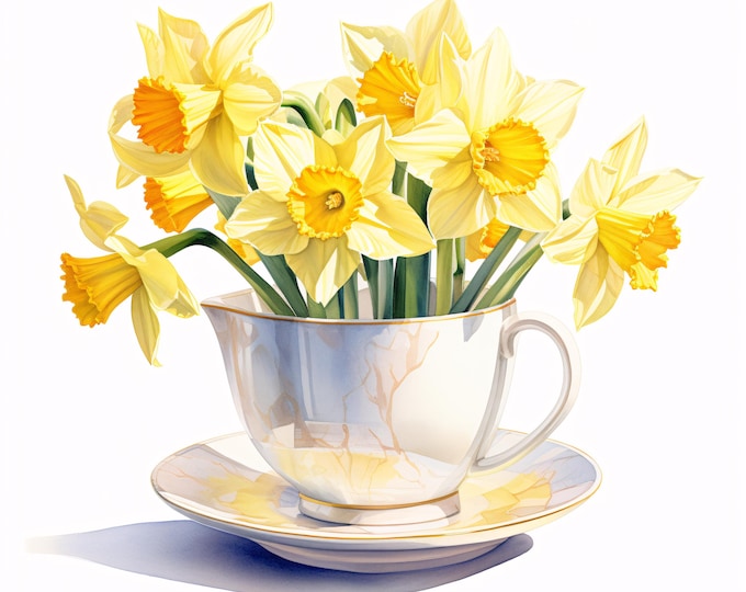 Daffodil Tea Cup Clipart, Spring Flower Images, 10 Watercolor Clip Art, Printable JPGs, Instant Download, Commercial Use, Paper Craft