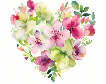 Watercolor Floral Heart Clipart: Valentine's Day JPG Images (Commercial Use)