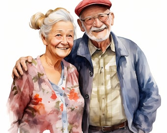 Watercolor Elderly Couple Clipart: Printable Old People Images (JPGs, Commercial Use