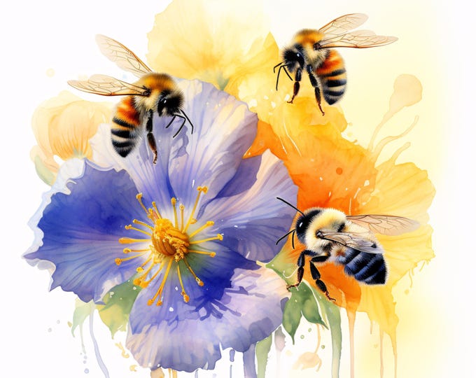 Bees and Flowers Clipart, Bees and Flowers Images, 10 Watercolor Clip Art, Printable JPGs, Instant Download, Commercial Use, Paper craft