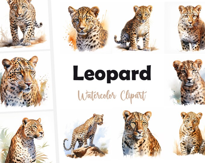 Leopard Clipart, Leopard Images, 10 Watercolor Clip Art, Printable JPGs, Instant Download, Commercial Use, Paper craft