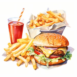 Burgers and Fries Clipart, Fast Food Images, 10 Watercolor Clip Art ...