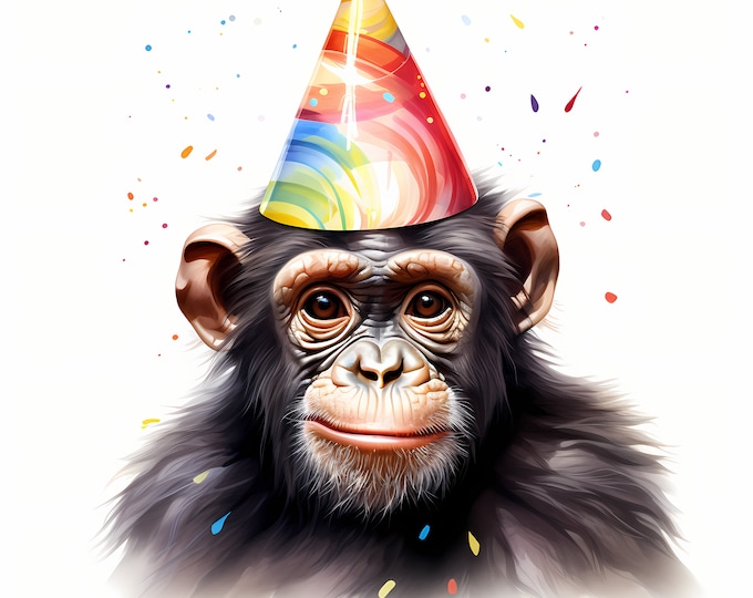 Chimpanzee Clipart, Monkey with Party Hat Images, 10 Watercolor Clip Art, Printable JPGs, Instant Download, Commercial Use, Paper craft