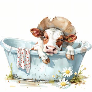 Clipart koe in bad, afbeeldingen koe wassen, 10 aquarel illustraties, afdrukbare JPG's, Instant Download, Commercieel gebruik, Papercraft