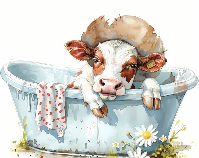 Cow in Bathtub Clipart, Cow Washing Images, 10 Watercolor Clip Art, Printable JPGs, Instant Download, Commercial Use, Paper craft