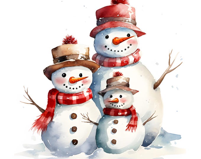 Snowman Family Clipart, Christmas Snowman Images, 10 Watercolor Clip Art, Printable JPGs, Instant Download, Commercial Use, Paper craft
