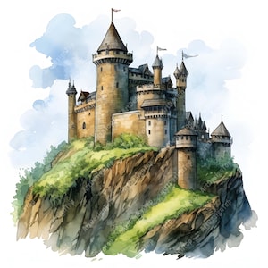Clipart di castelli medievali, immagini di castelli su colline, 10 clipart acquerellabili, JPG stampabili, download istantaneo, uso commerciale, creazioni con carta