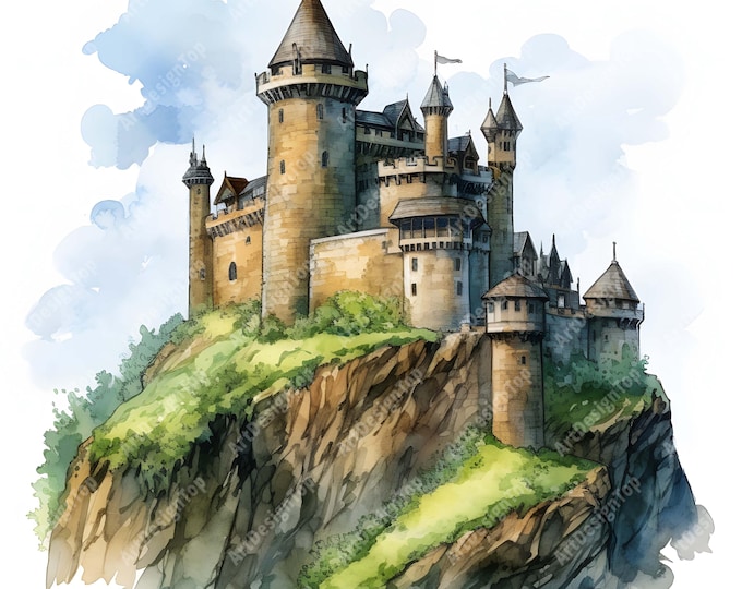 Medieval Castle Clipart, Castle On Hill Images, 10 Watercolor Clip Art, Printable JPGs, Instant Download, Commercial Use, Paper craft