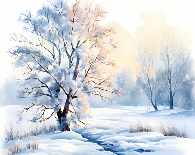 Frosty Morning Clipart, Frosty Landscape Images, 10 Watercolor Clip Art, Printable JPGs, Instant Download, Commercial Use, Paper craft