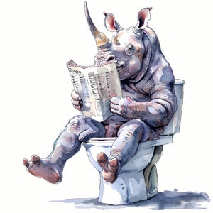Clipart neushoorn, afbeeldingen neushoorn op het toilet, 10 aquarel-illustraties, afdrukbare JPG's, Instant Download, Commercieel gebruik, Papercraft