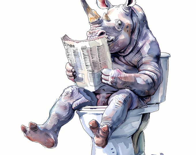 Rhino Clipart, Rhinoceros on the Toilet Images, 10 Watercolor Clip Art, Printable JPGs, Instant Download, Commercial Use, Paper craft