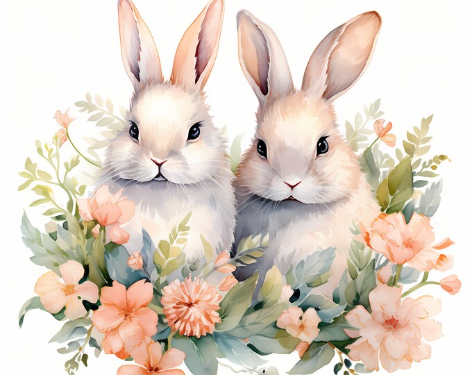 Floral Bunnies Clipart, Bunnies with Flowers Images, 10 Watercolor Clip Art, Printable JPGs, Instant Download, Commercial Use, Paper craft