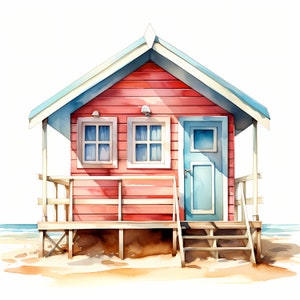 Beach Hut Clipart, Beautiful Beach Images, 10 Watercolor Clip Art, Printable JPGs, Instant Download, Commercial Use, Paper craft