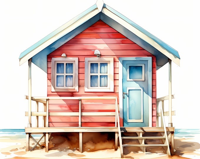 Beach Hut Clipart, Beautiful Beach Images, 10 Watercolor Clip Art, Printable JPGs, Instant Download, Commercial Use, Paper craft