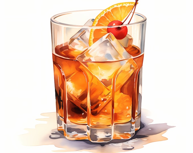 Old Fashioned Cocktail Clipart, Alcohol Drink Images, 10 Watercolor Clip Art, Printable JPGs, Instant Download, Commercial Use, Paper craft