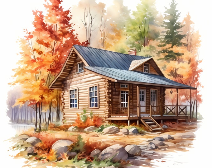 Autumn Cabin Clipart, Cozy Fall House Images, 10 Watercolor Clip Art, Printable JPGs, Instant Download, Commercial Use, Paper craft