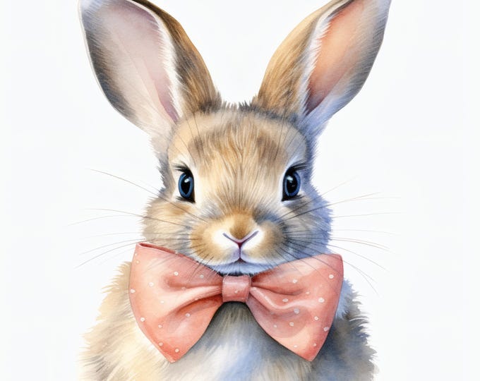 Cute Rabbit Clipart, Bunny with Bow Images, 10 Watercolor Clip Art, Printable JPGs, Instant Download, Commercial Use, Paper craft