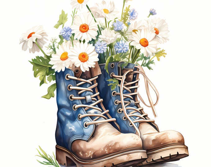 Floral Boots Clipart, Boots with Flowers Images, 10 Watercolor Clip Art, Printable JPGs, Instant Download, Commercial Use, Paper craft