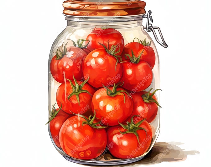 Tomatoes In Jar Clipart, Vegetable Jar Images, 10 Watercolor Clip Art, Printable JPGs, Instant Download, Commercial Use, Paper craft