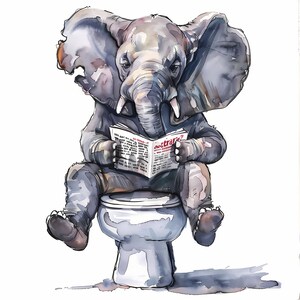Clipart olifant, afbeeldingen olifant op het toilet, 10 aquarel illustraties, afdrukbare JPG's, Instant Download, Commercieel gebruik, Papercraft