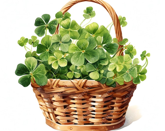 Shamrock Leaves Clipart, Shamrock Basket Images, 10 Watercolor Clip Art, Printable JPGs, Instant Download, Commercial Use, Paper craft