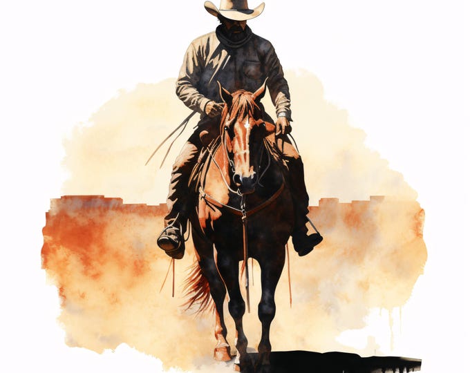 Watercolor Cowboy Silhouette Clipart: Western Horse Rider Images (JPG Digital Download, Commercial Use)