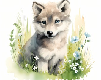 Watercolor Wolf Cub Clipart: Meadow Scene, Commercial Use (JPGs)
