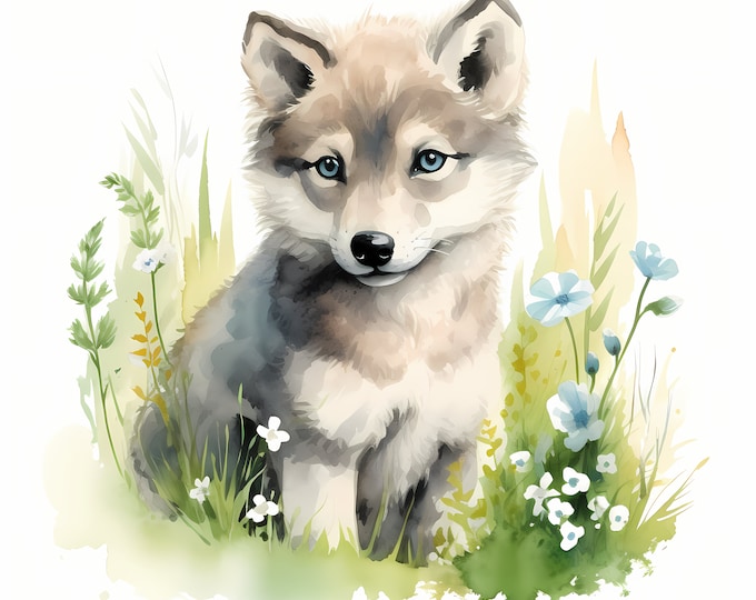 Wolf Cub Clipart, Wolf in Meadows Images, 10 Watercolor Clip Art, Printable JPGs, Instant Download, Commercial Use, Paper craft