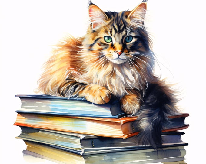 Watercolor Cat on Books Clipart: Cozy Reading Images (JPG Digital Download, Commercial Use)
