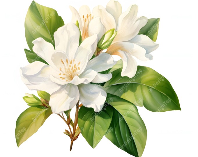 Jasmine Clipart, Jasmine with Leaves Images, 10 Watercolor Clip Art, Printable JPGs, Instant Download, Commercial Use, Paper craft