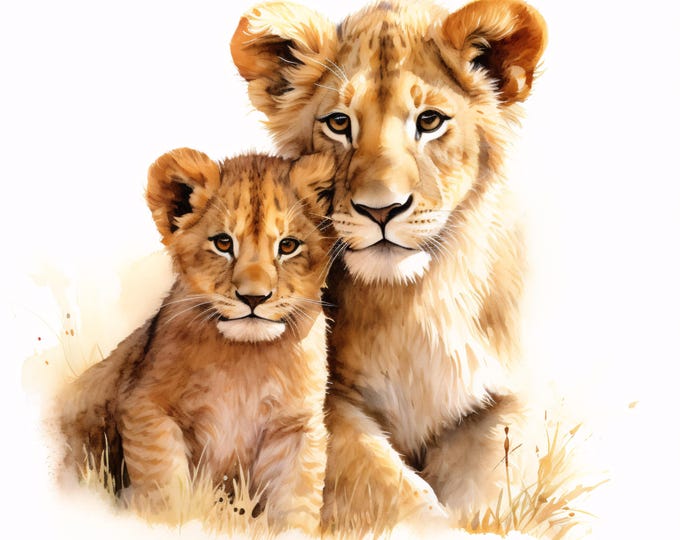 Watercolor Lion Cub Clipart: Animal Art, Commercial Use JPGs (Instant Download