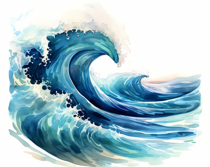 Sea Wave Clipart, Ocean Waves Images, 10 Watercolor Clip Art, Printable JPGs, Instant Download, Commercial Use, Paper craft