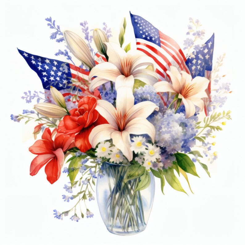 Patriotic Flower Bouquet Clipart, Red White Blue Floral Images, 10 ...